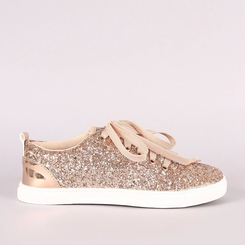Rose Gold Glitter Lace Up Sneaker - Picture 3 of 14